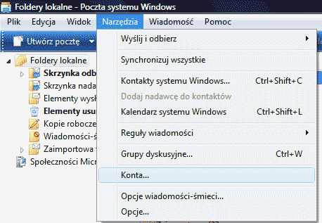 Poczta systemu Windows, konfiguracja e-mail