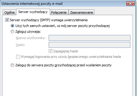 Microsoft Office Outlook 2007 uwierzytelnianie SMTP